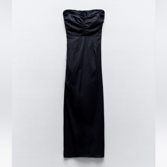 New ZARA Linen Bland Ruched Strapless Midi Dress - Picture 4 of 6